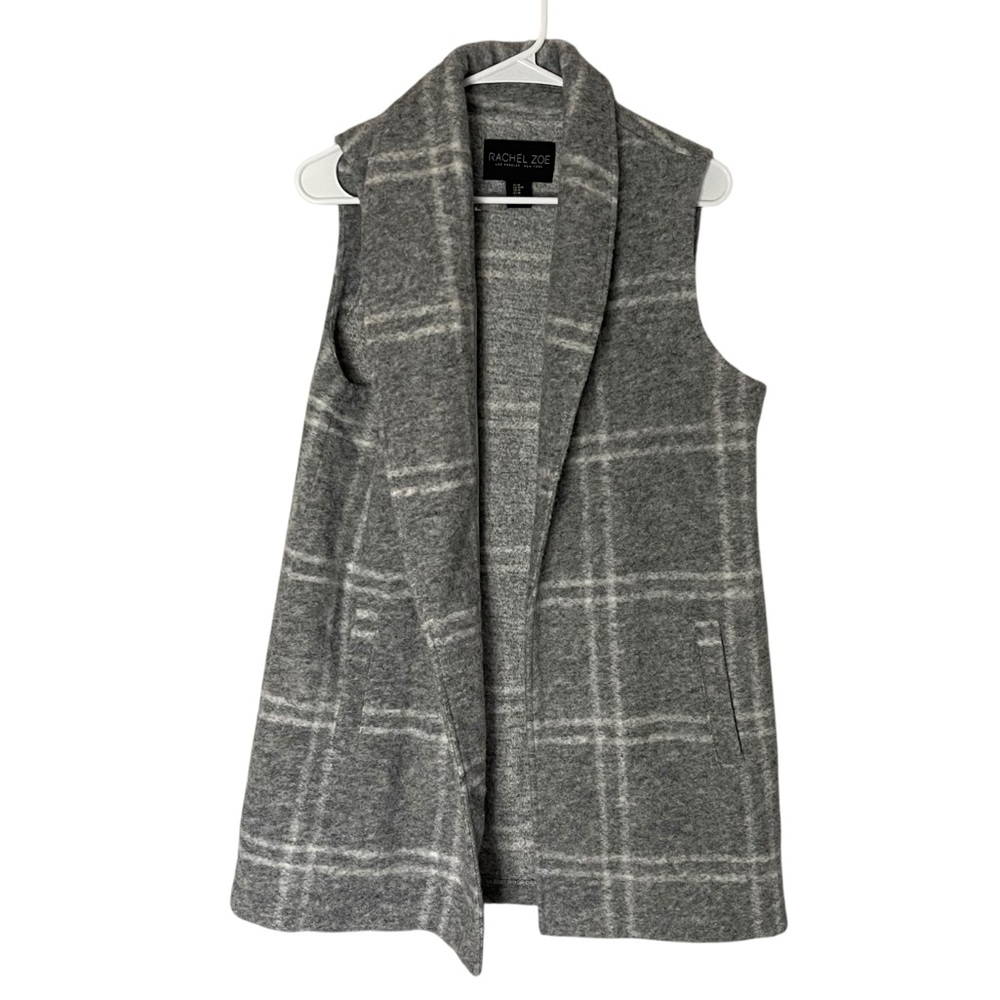 Rachel Zoe Boiled Wool Long Lapel Vest Windowpane Plaid Grey White Long Sz M